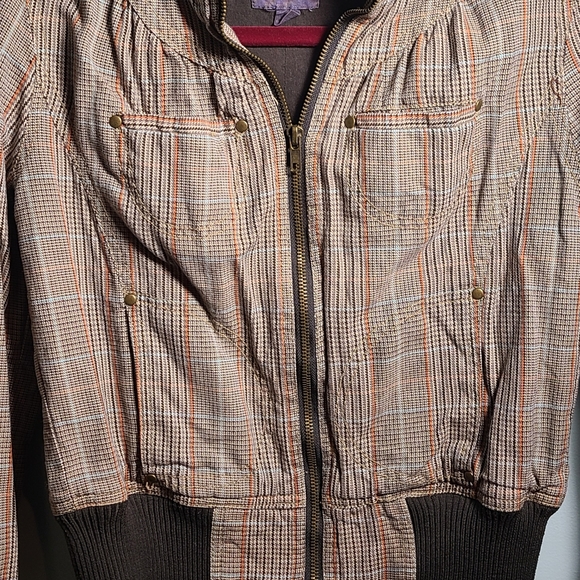 Forever 21 XXI Brown Tan Plaid Moto Crop Bomber Jacket S - Picture 3 of 8